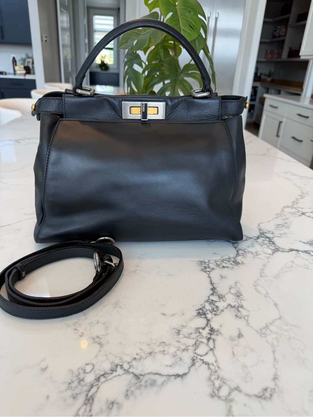 Fendi Peekaboo Medium Black Leather Top Handle Bag w/ Strap